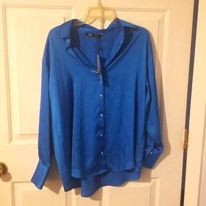 Zara Blue 100% Polyster Blouse Size L NWT